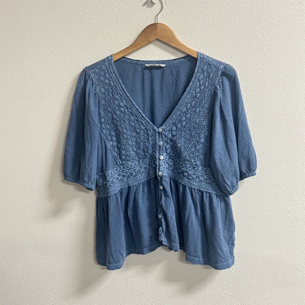 Lucky Brand XL Blue Crochet Boho Peasant Blouse